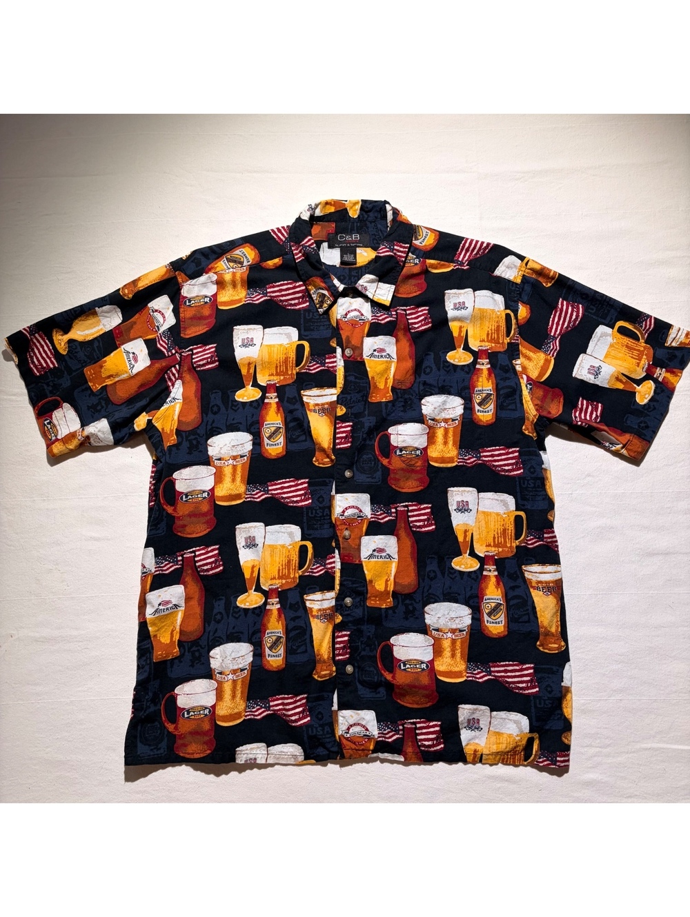 Beer Print Hawaiian Shirt Mens Large Brewery Bar Party Button Up